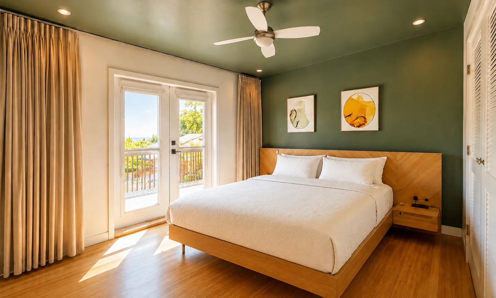 Master bedroom with a king bed against a green feature wall and French doors opening onto the balcony